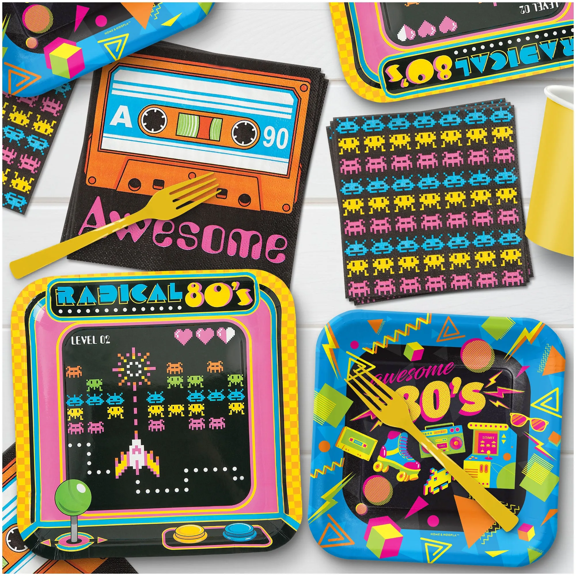 80s Party Supplies - Mix of Totally Awesome Throwback 80s Paper Plates and Party Napkins in Dinner and Dessert Sizes (32 Plates & 32 Napkins Included)