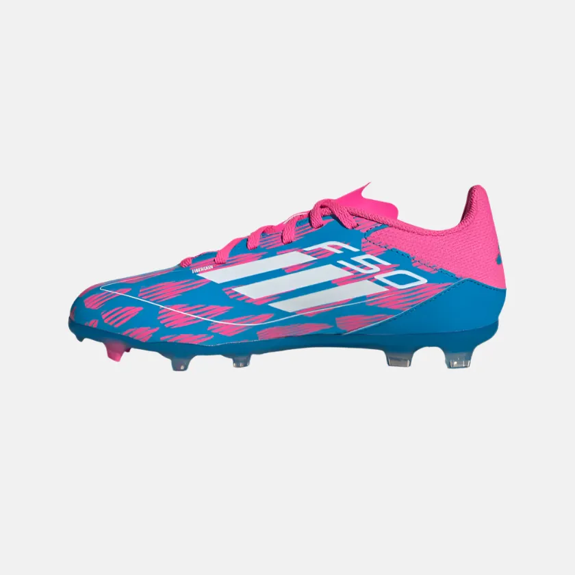 Adidas F50 League Firm/Multi-Ground Kids Unisex Football Shoes (8-14 Year) -Solar Blue/Cloud White/Solar Pink