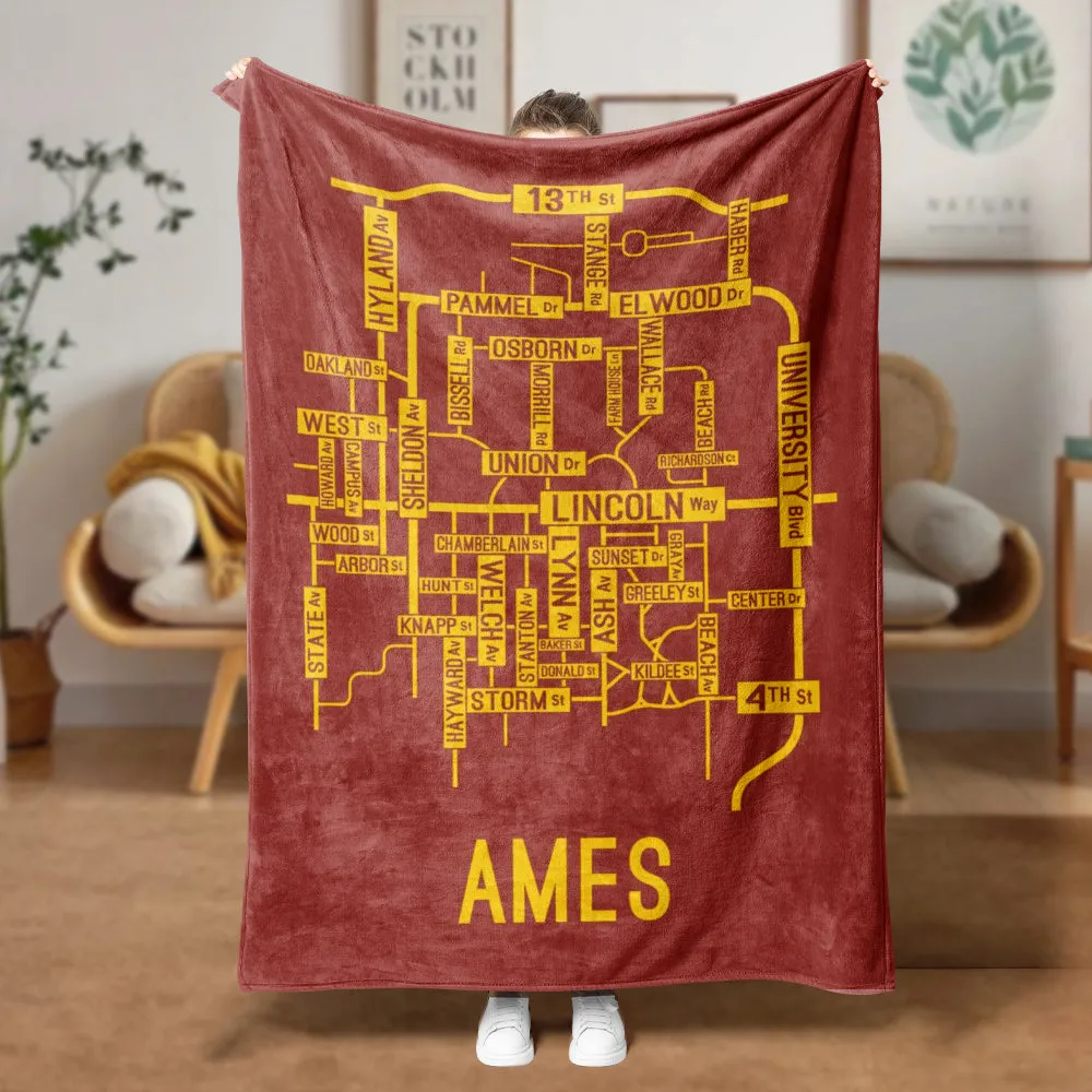 Ames, Iowa Street Map Blanket Freshmen/Graduates Memorial Gifts