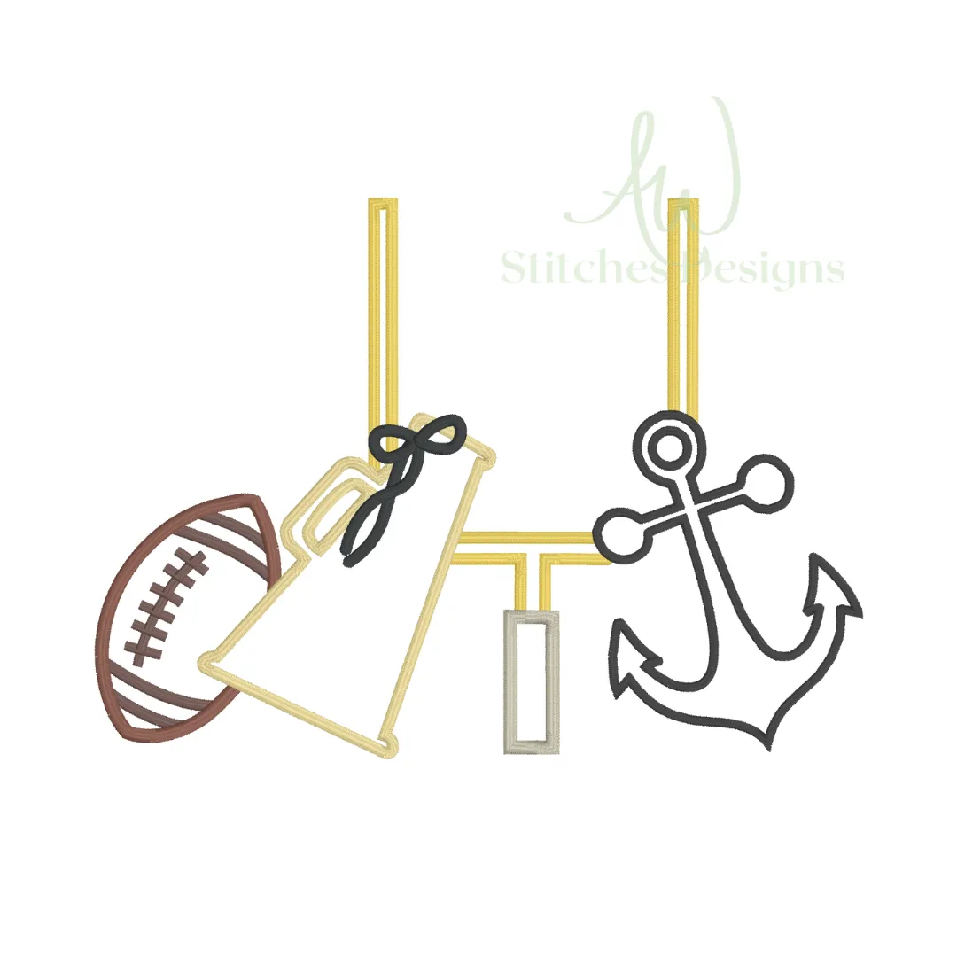 Anchor Football with bow Game Day satin stitch machine embroidery design file