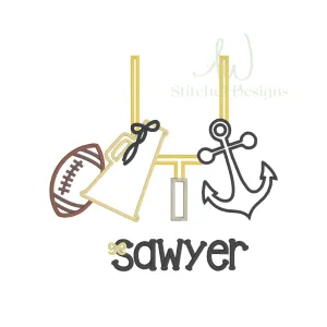 Anchor Football with bow Game Day satin stitch machine embroidery design file