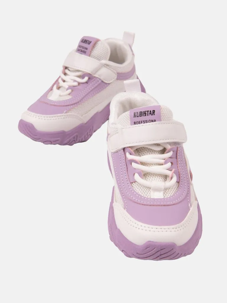 Baby Girl Lace-up Thick Sole Non-Slip Decorated Sport Trainers with Velcro Strap - Lilac and White