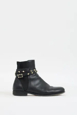 Black Leather Rockstud Wraparound Chelsea Boot