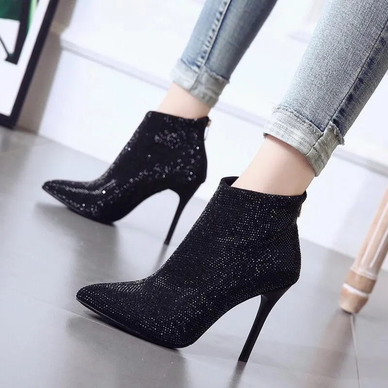 Black Rhinestone High Heel Ankle Boots