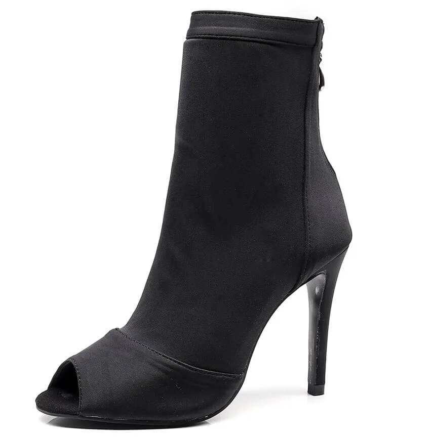 Black Stretch Lycra Sock Open Toe Bootie Stiletto Heels