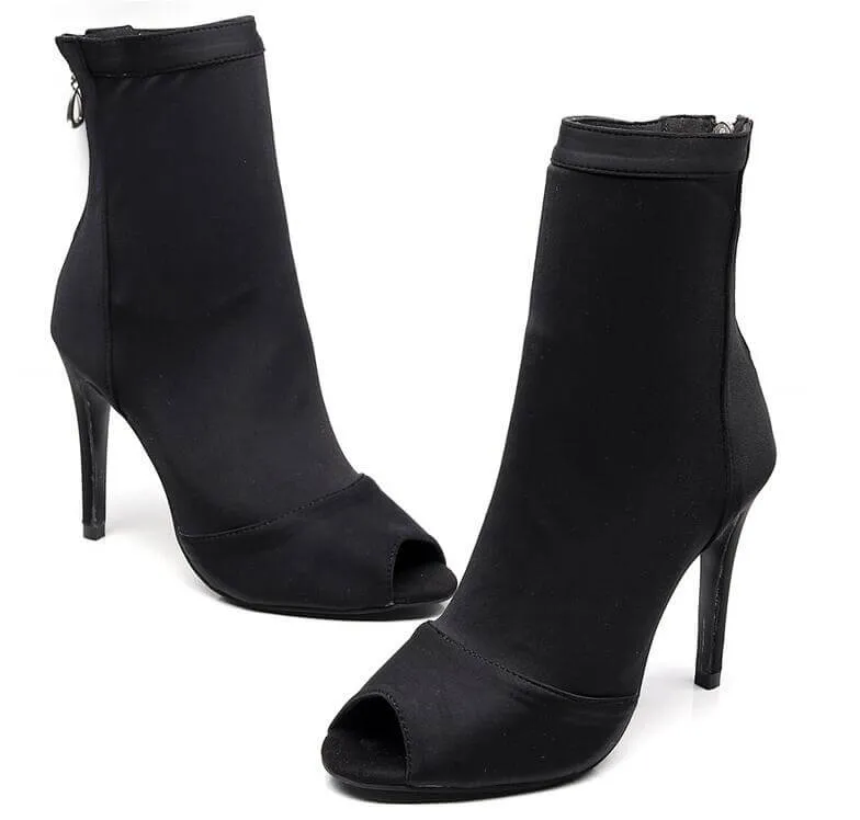 Black Stretch Lycra Sock Open Toe Bootie Stiletto Heels