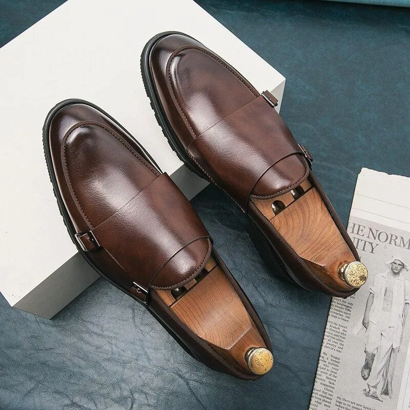 Brown Monk Strap Rounded Toe Loafers - Men Shoes