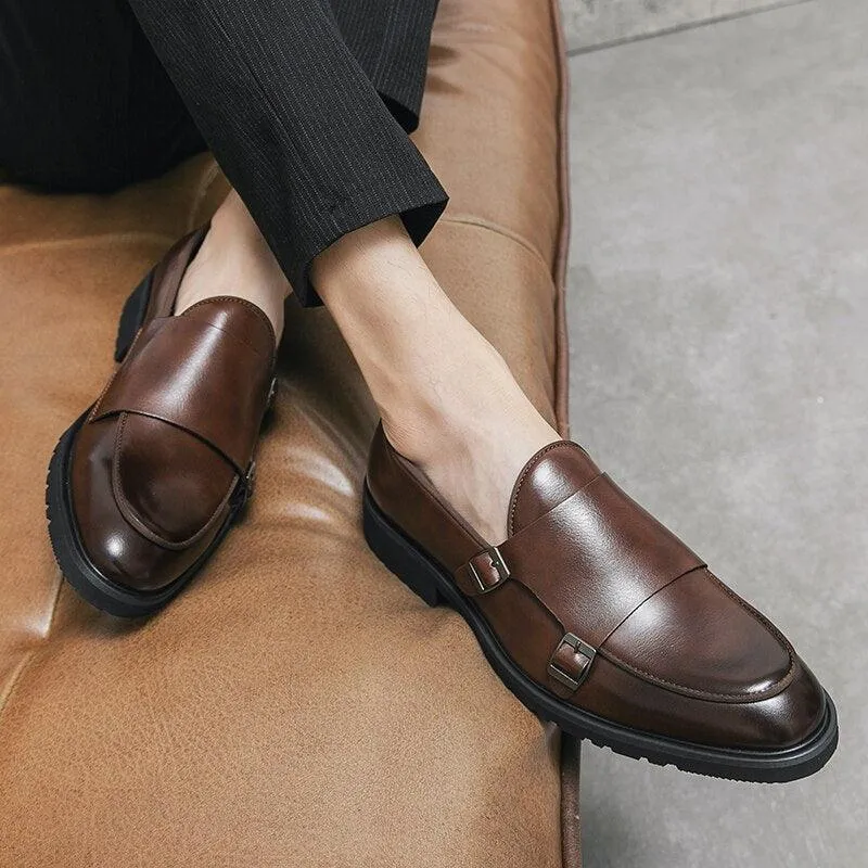 Brown Monk Strap Rounded Toe Loafers - Men Shoes