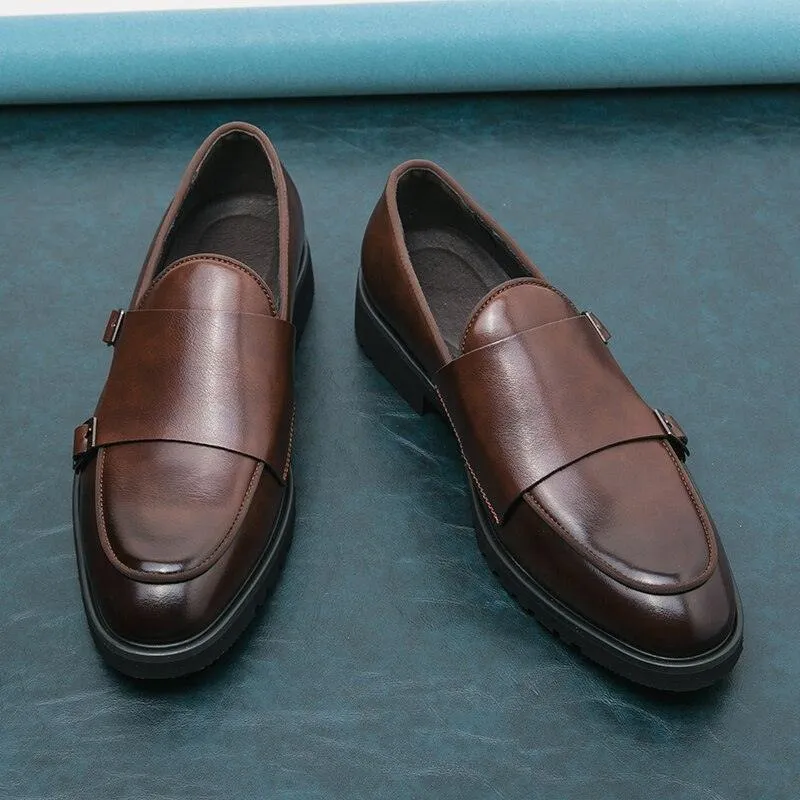 Brown Monk Strap Rounded Toe Loafers - Men Shoes