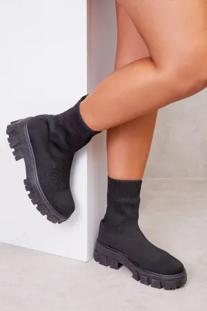 CHELSEA CHUNKY BOOT WITH KNITTED SOCK IN BLACK