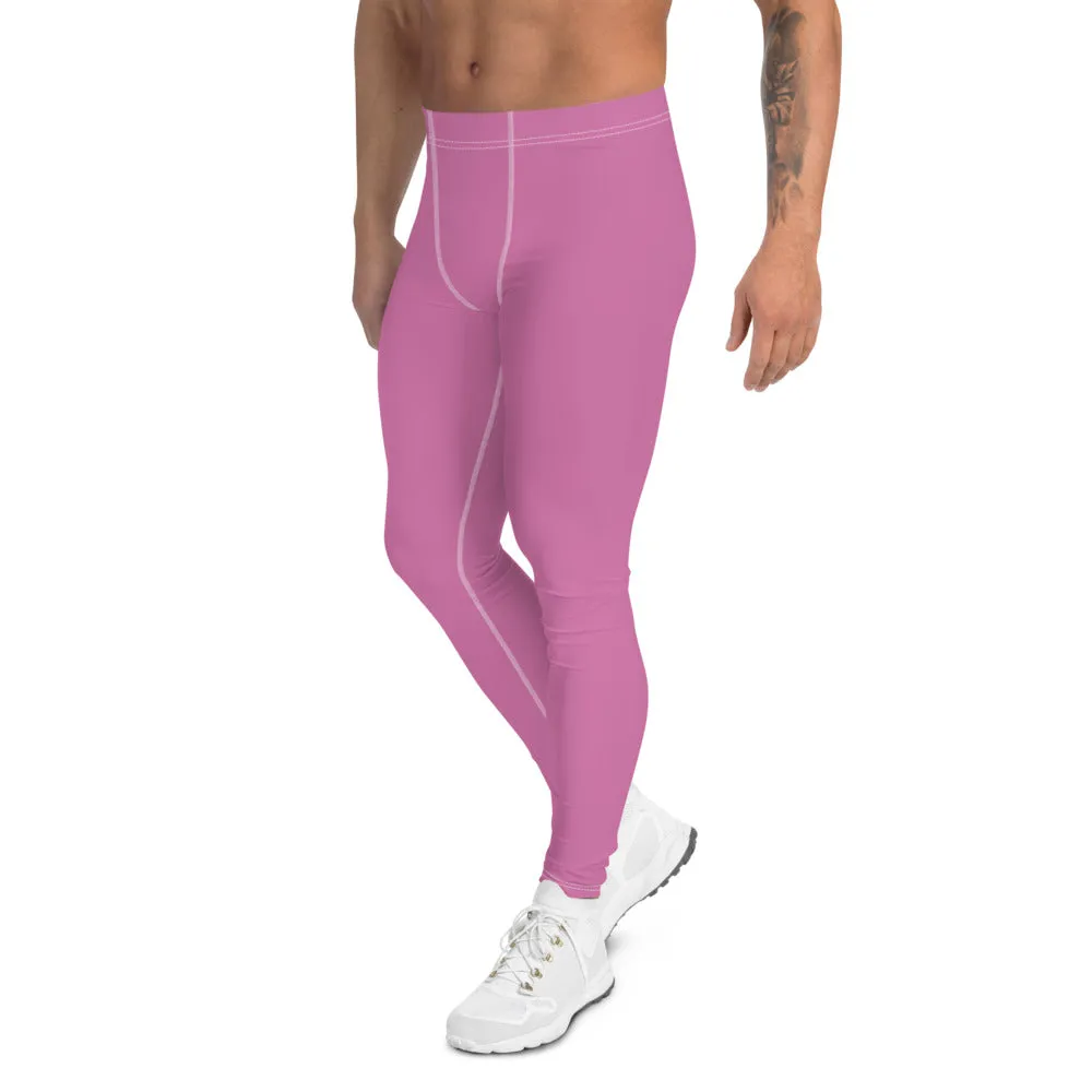 Cute Pink Men's Leggings, Modern Pastel Solid Color Meggings Run Tights-Made in USA/EU