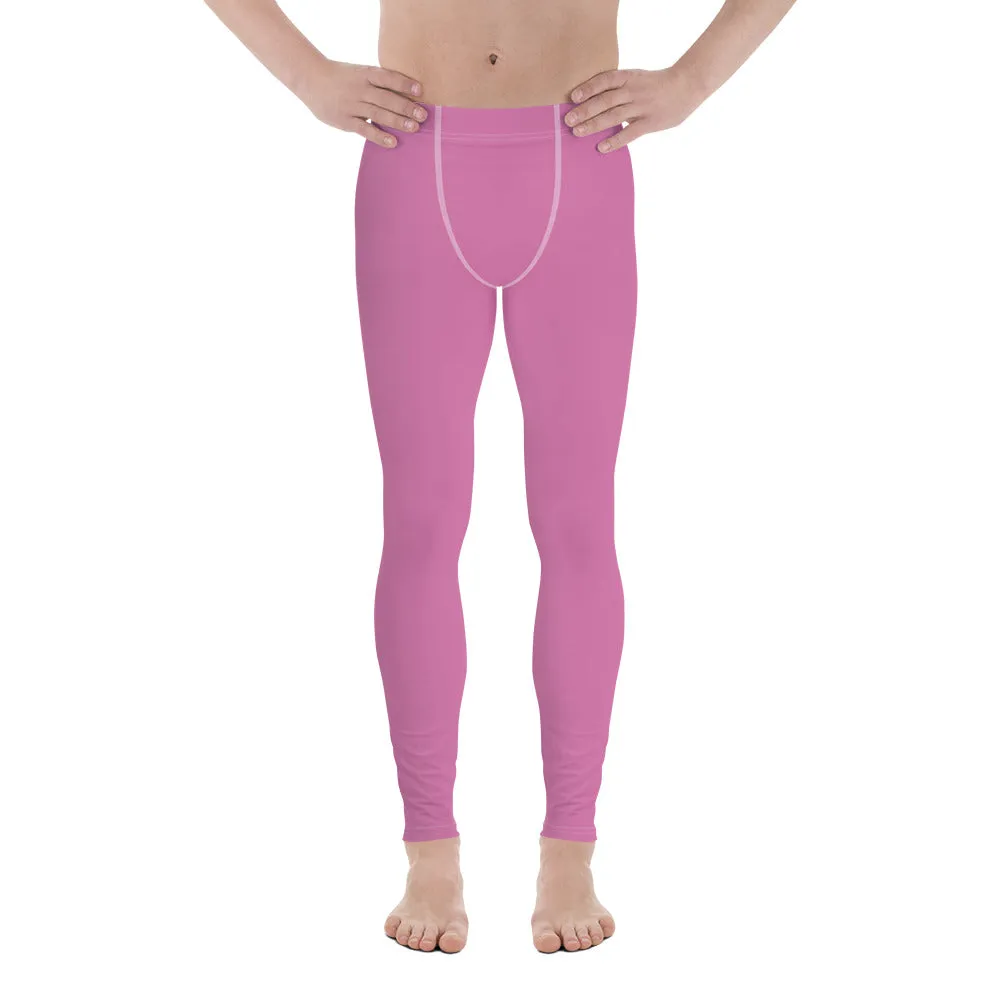 Cute Pink Men's Leggings, Modern Pastel Solid Color Meggings Run Tights-Made in USA/EU