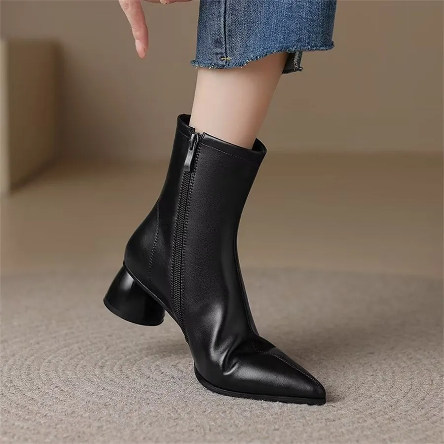 Elegant Cow Leather Pointed Toe Chunky Heel Boots