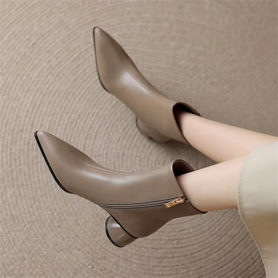 Elegant Cow Leather Pointed Toe Chunky Heel Boots