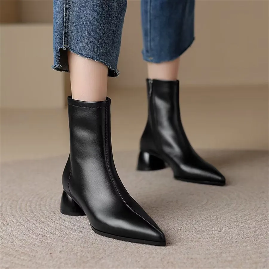 Elegant Cow Leather Pointed Toe Chunky Heel Boots