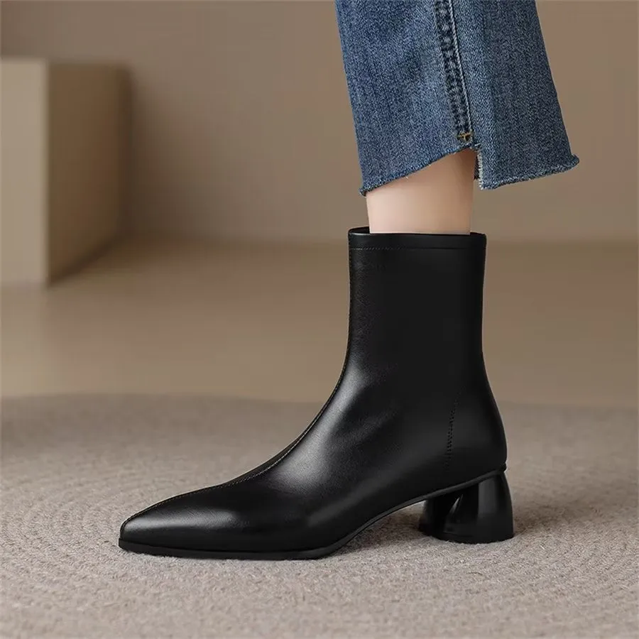 Elegant Cow Leather Pointed Toe Chunky Heel Boots