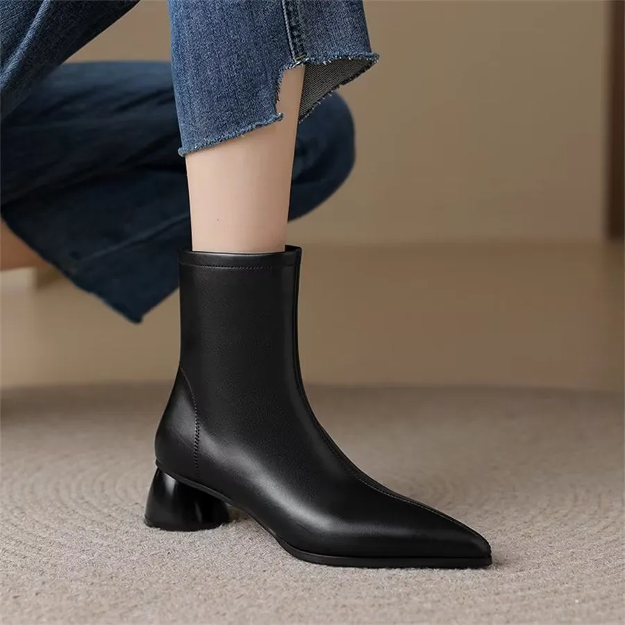 Elegant Cow Leather Pointed Toe Chunky Heel Boots