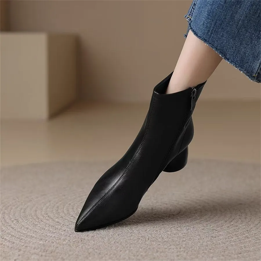 Elegant Cow Leather Pointed Toe Chunky Heel Boots