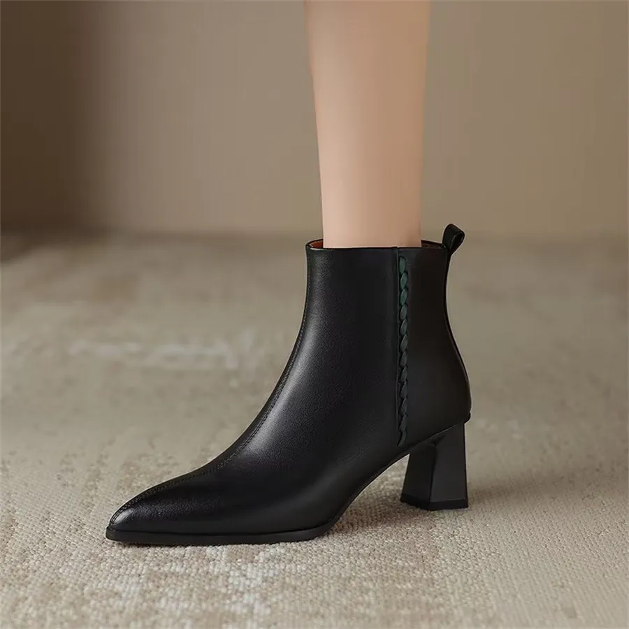 Elegant Cow Leather Pointed Toe Short Ankle Boots