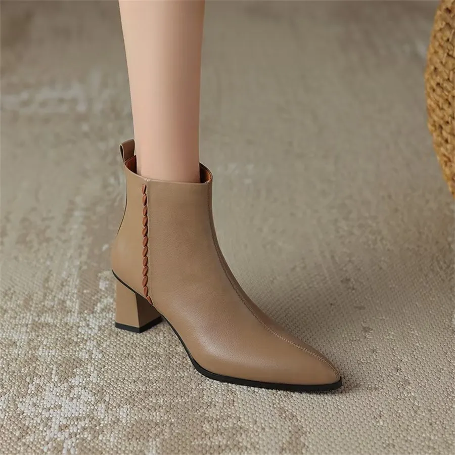 Elegant Cow Leather Pointed Toe Short Ankle Boots