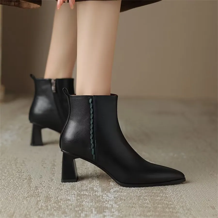 Elegant Cow Leather Pointed Toe Short Ankle Boots