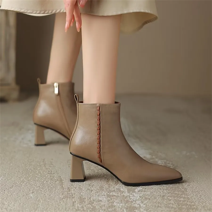 Elegant Cow Leather Pointed Toe Short Ankle Boots