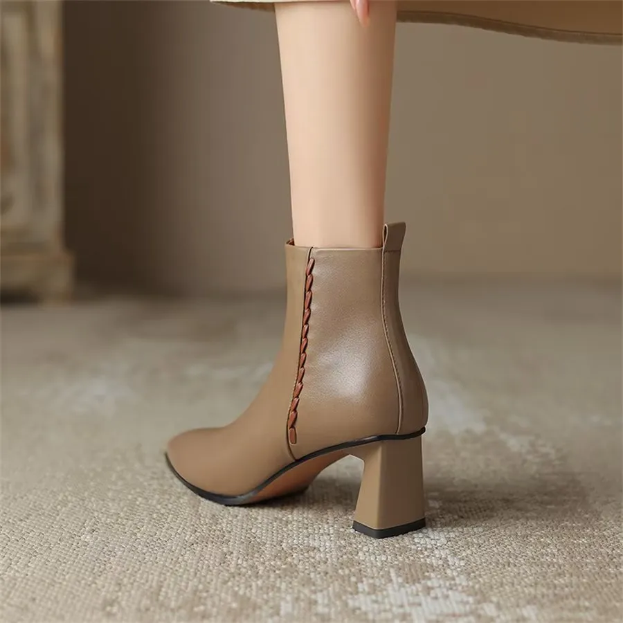 Elegant Cow Leather Pointed Toe Short Ankle Boots