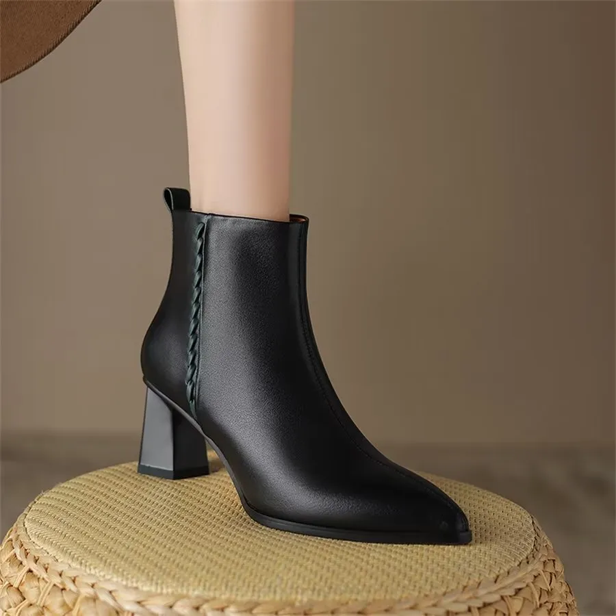 Elegant Cow Leather Pointed Toe Short Ankle Boots