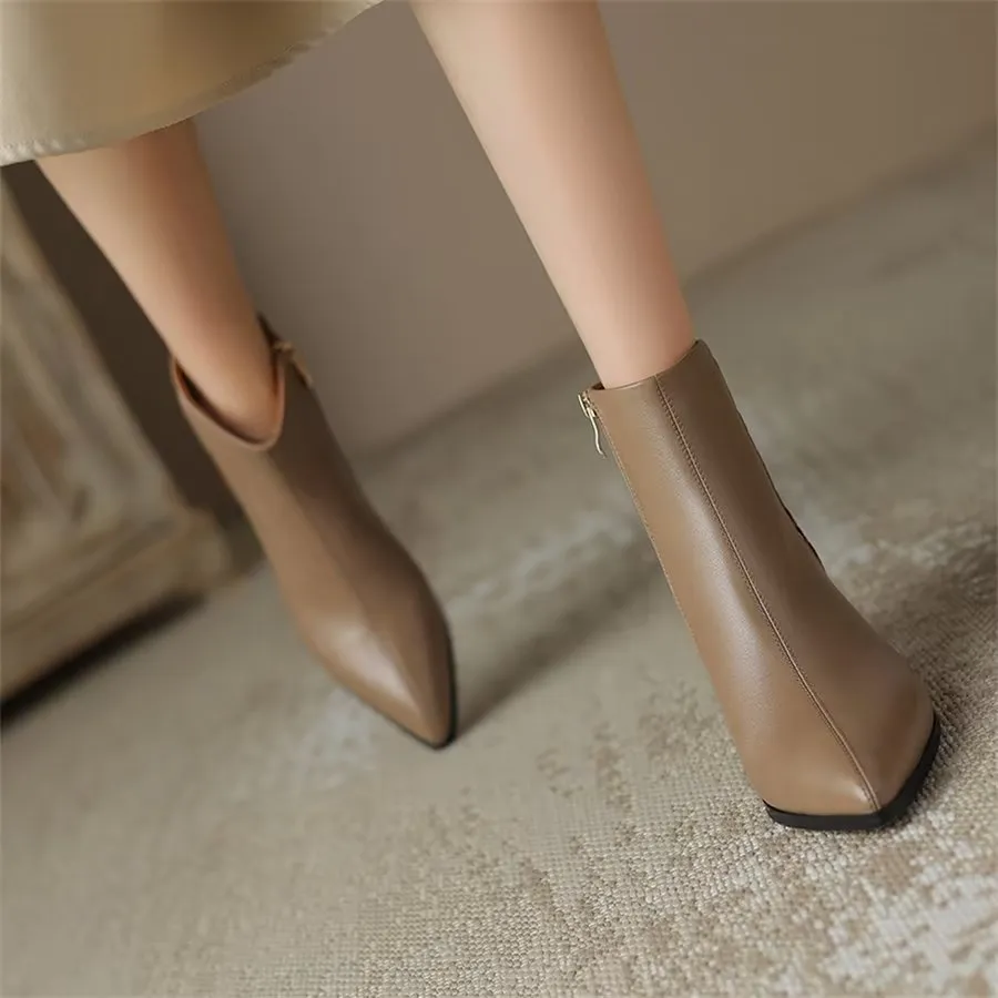 Elegant Cow Leather Pointed Toe Short Ankle Boots