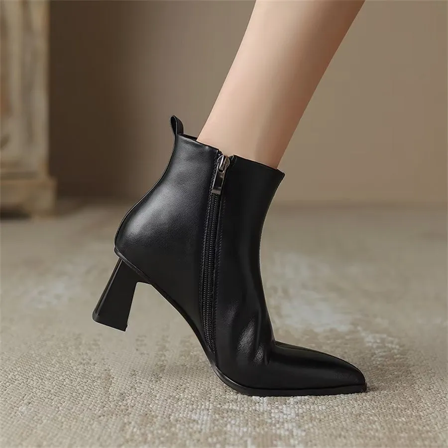 Elegant Cow Leather Pointed Toe Short Ankle Boots