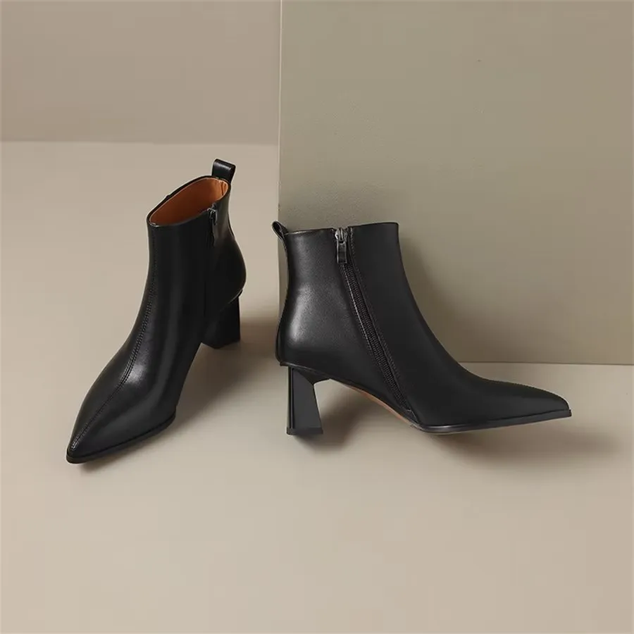 Elegant Cow Leather Pointed Toe Short Ankle Boots