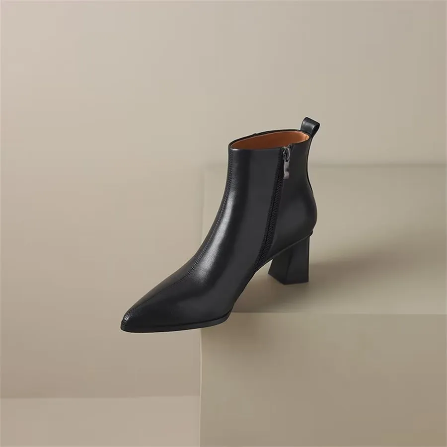 Elegant Cow Leather Pointed Toe Short Ankle Boots