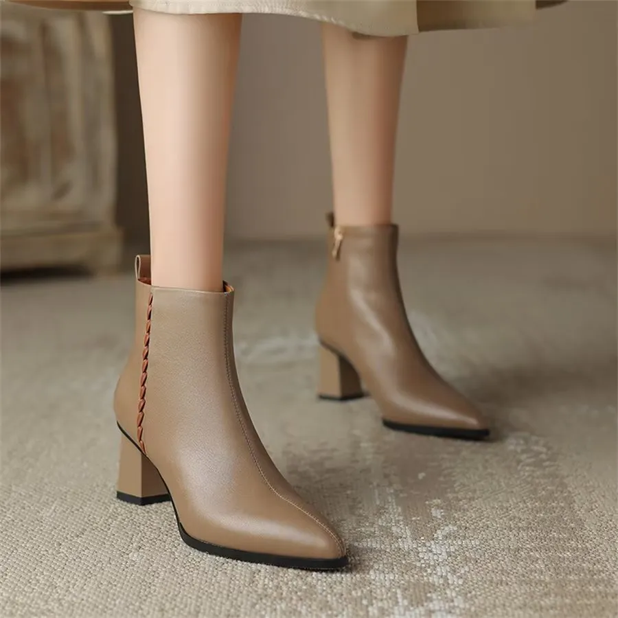 Elegant Cow Leather Pointed Toe Short Ankle Boots