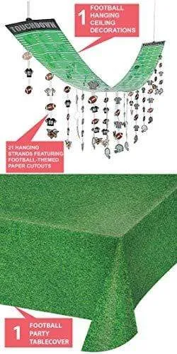 Footbal Party Supplies - Hanging Ceiling Decorations and Plastic Turf Tablecover