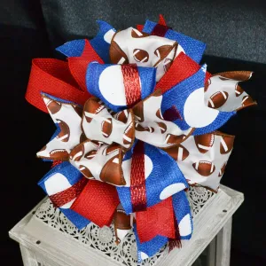 Football Wreath Bow, Red Blue White Brown