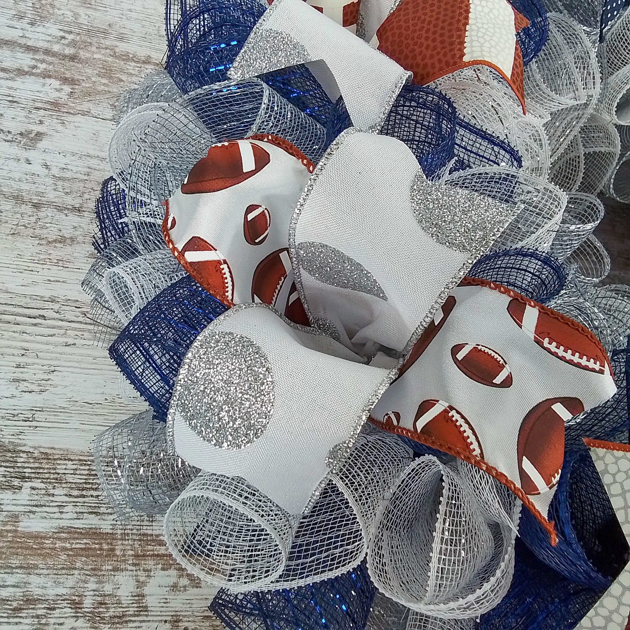 Football Wreath for Front Door, Navy Silver White