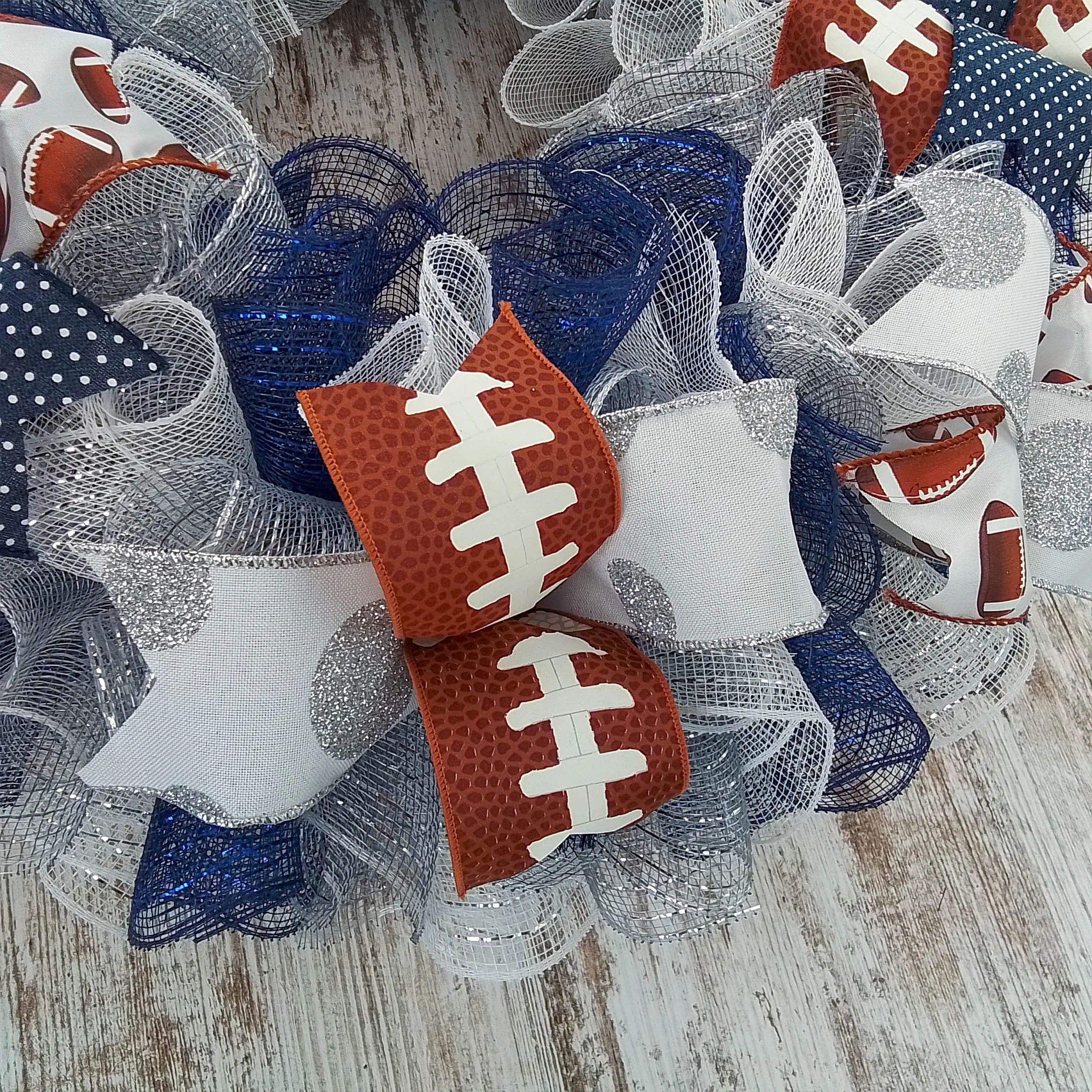 Football Wreath for Front Door, Navy Silver White