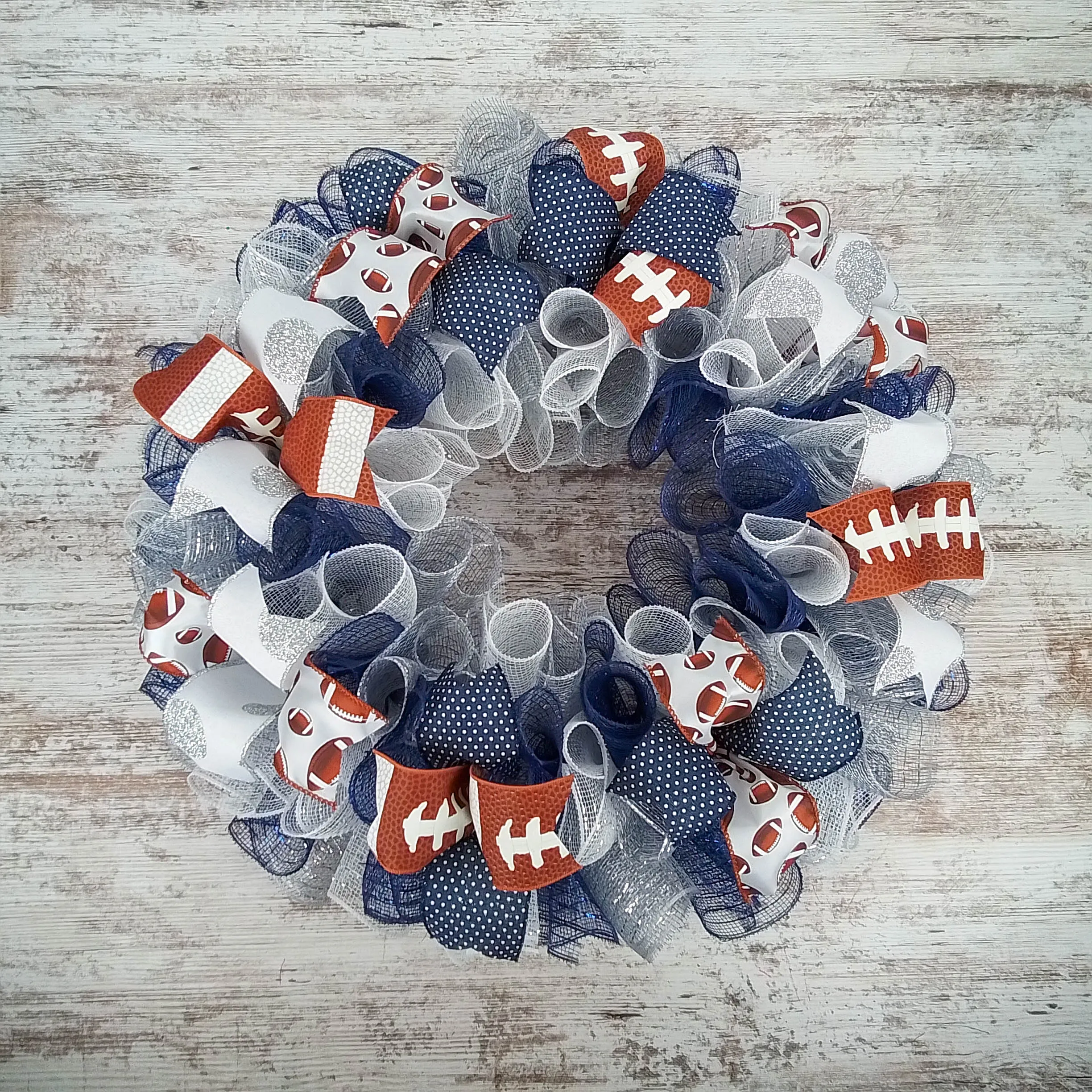 Football Wreath for Front Door, Navy Silver White