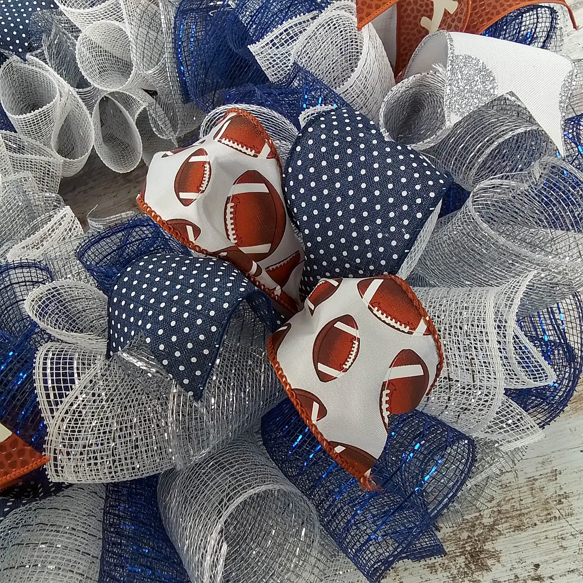 Football Wreath for Front Door, Navy Silver White