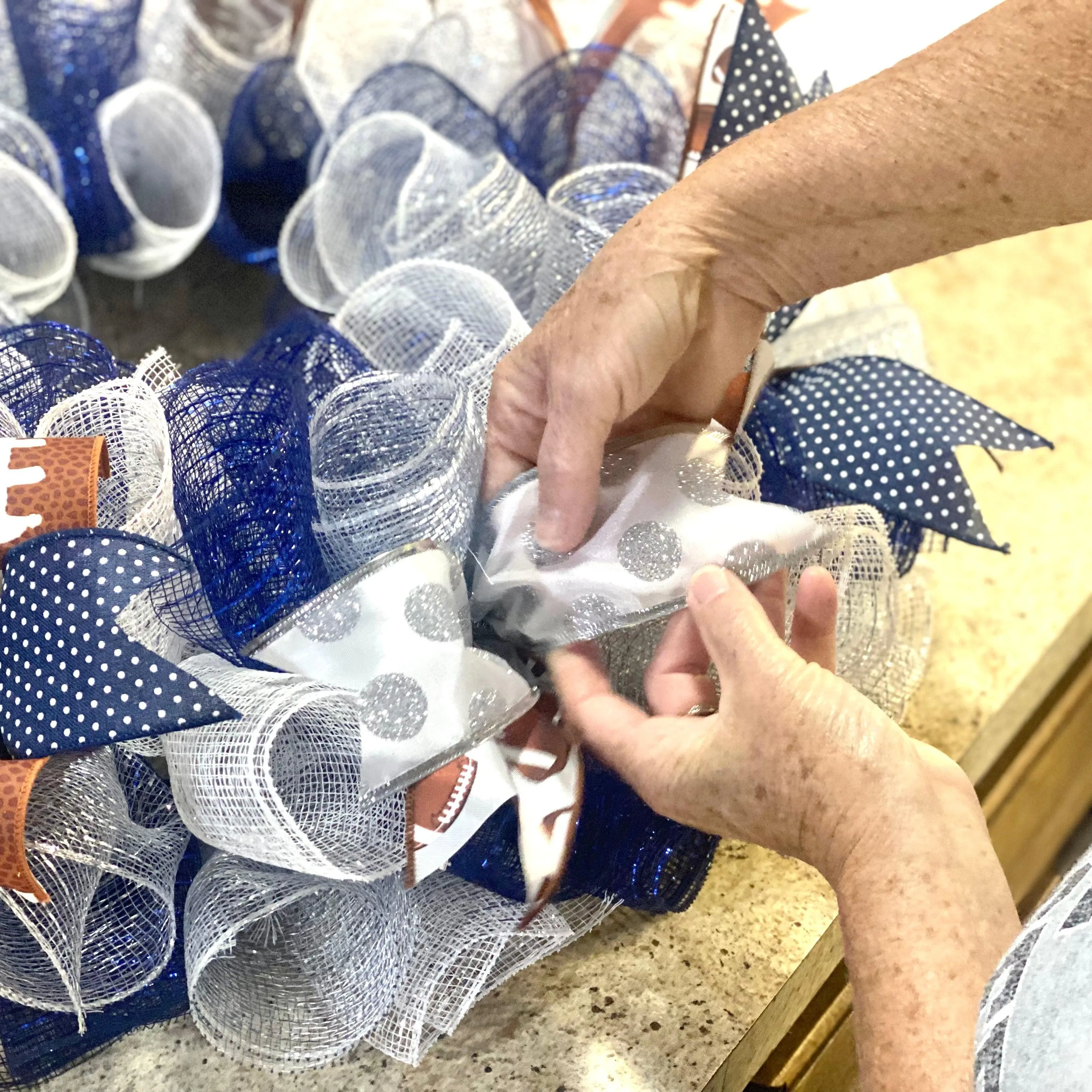 Football Wreath for Front Door, Navy Silver White