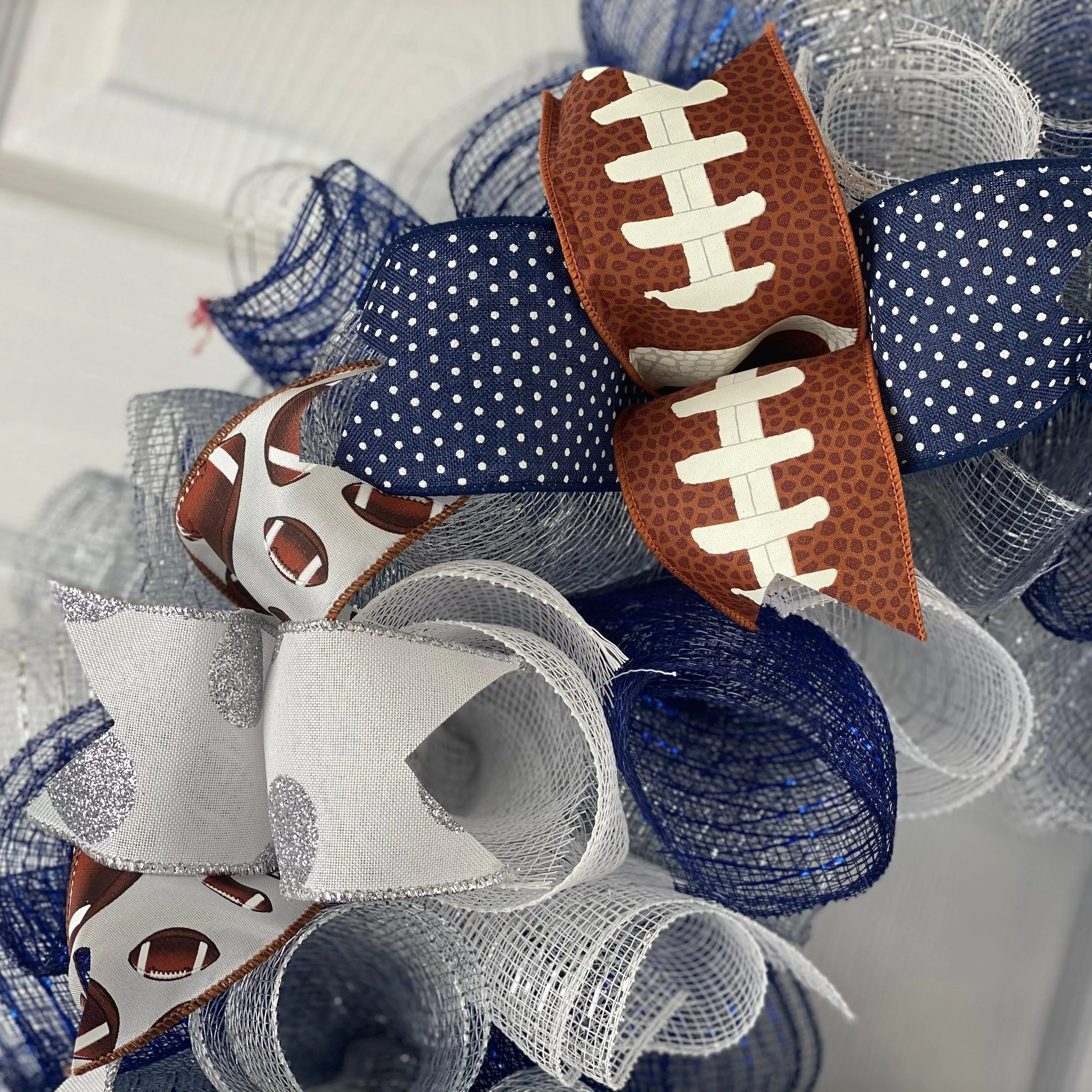 Football Wreath for Front Door, Navy Silver White