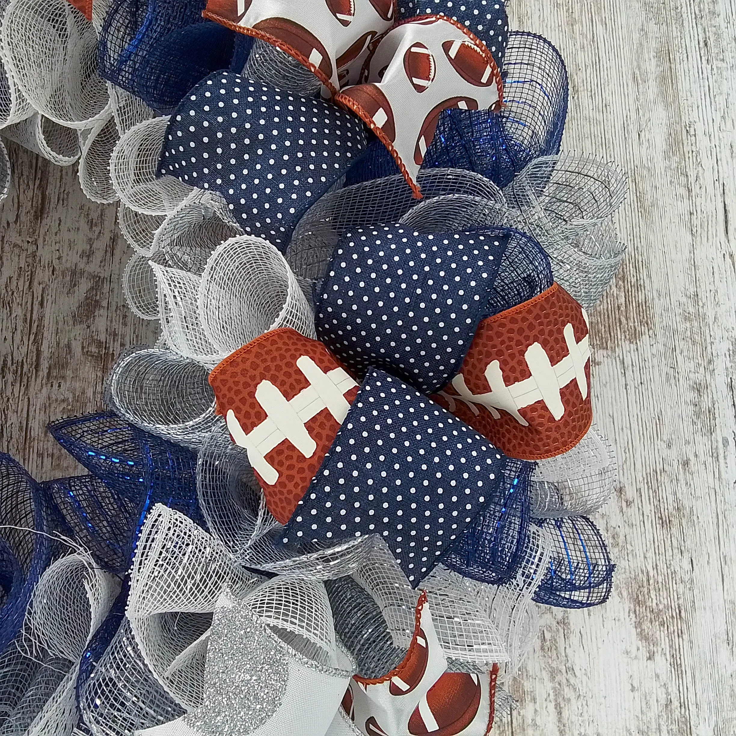 Football Wreath for Front Door, Navy Silver White