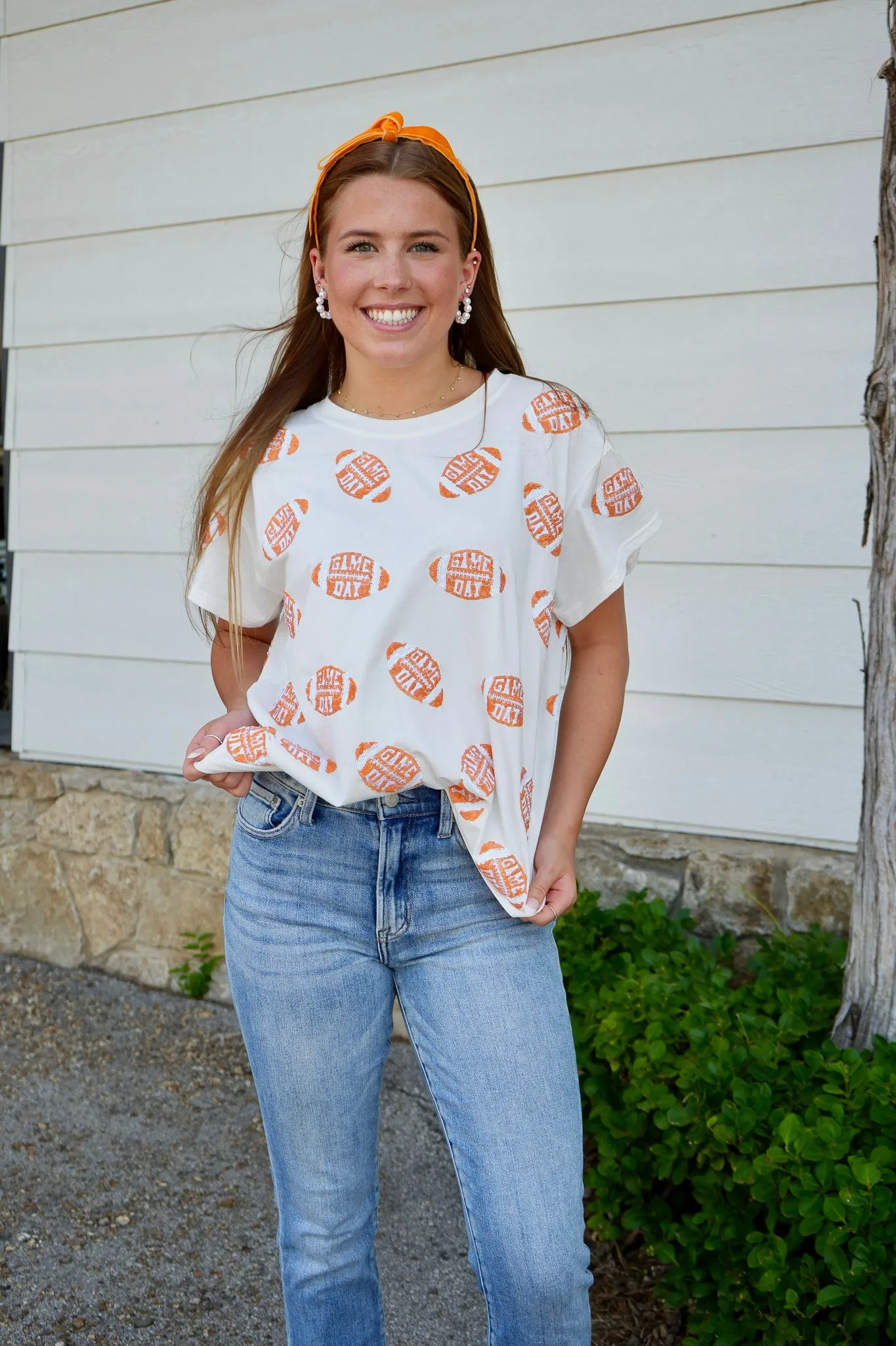 Game Day Football Tee - White & Orange [Queen of Sparkles]