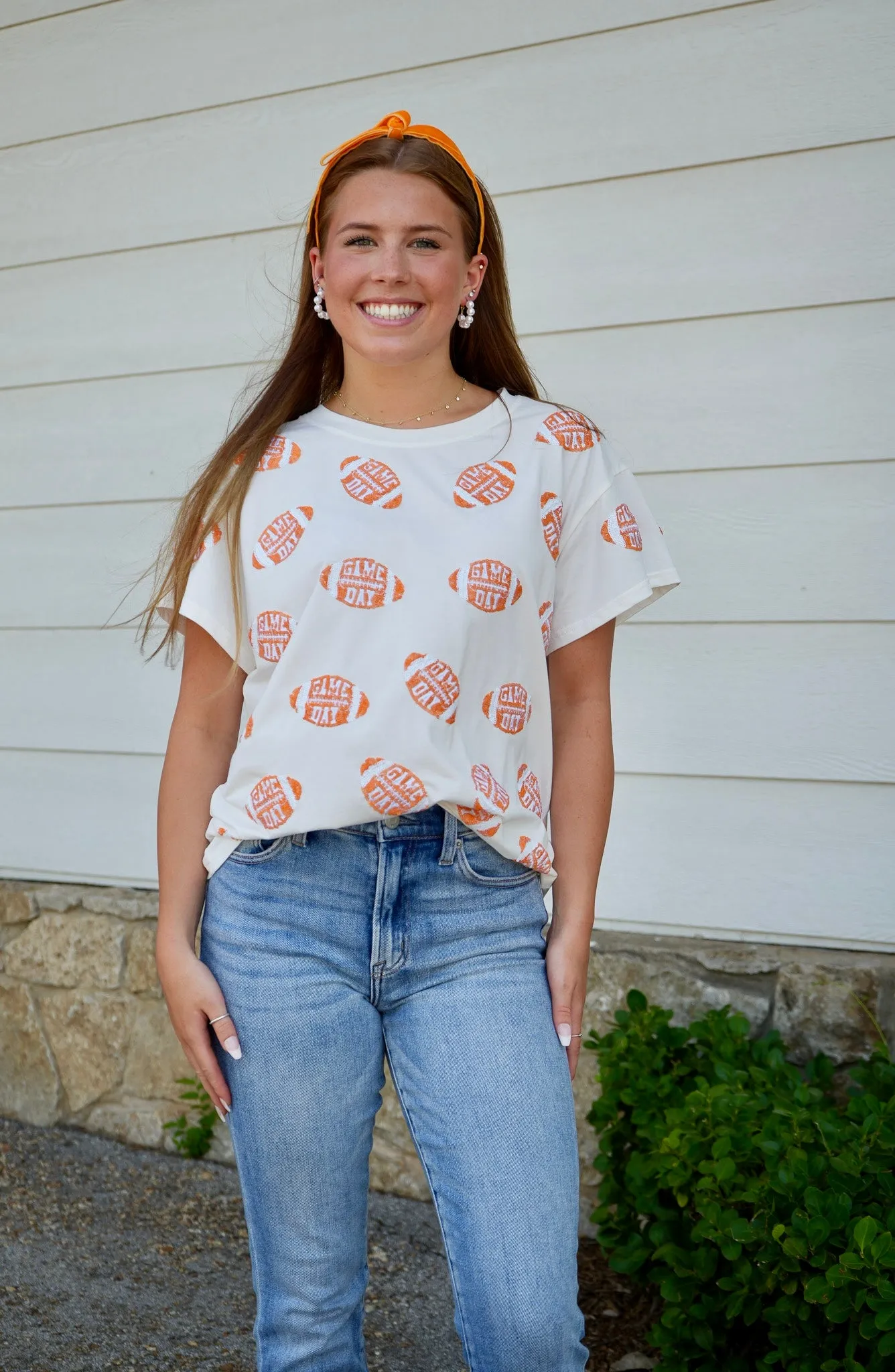 Game Day Football Tee - White & Orange [Queen of Sparkles]