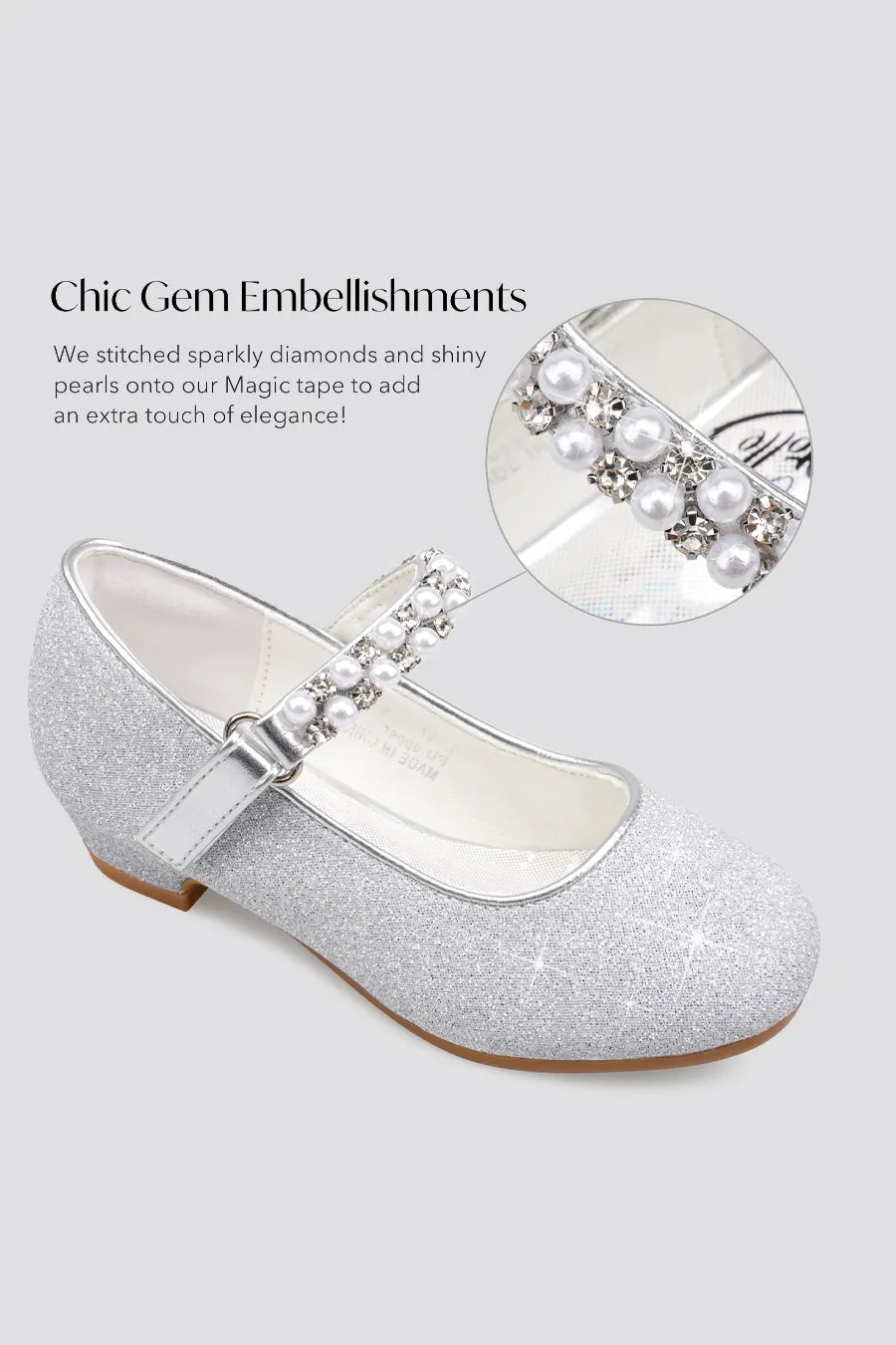 Girls Pearl and diamond strap Low Heel Mary Jane Dress Shoes