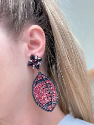 Glitter & Rhinestone College Football Dangle Earrings - Burgundy & Black