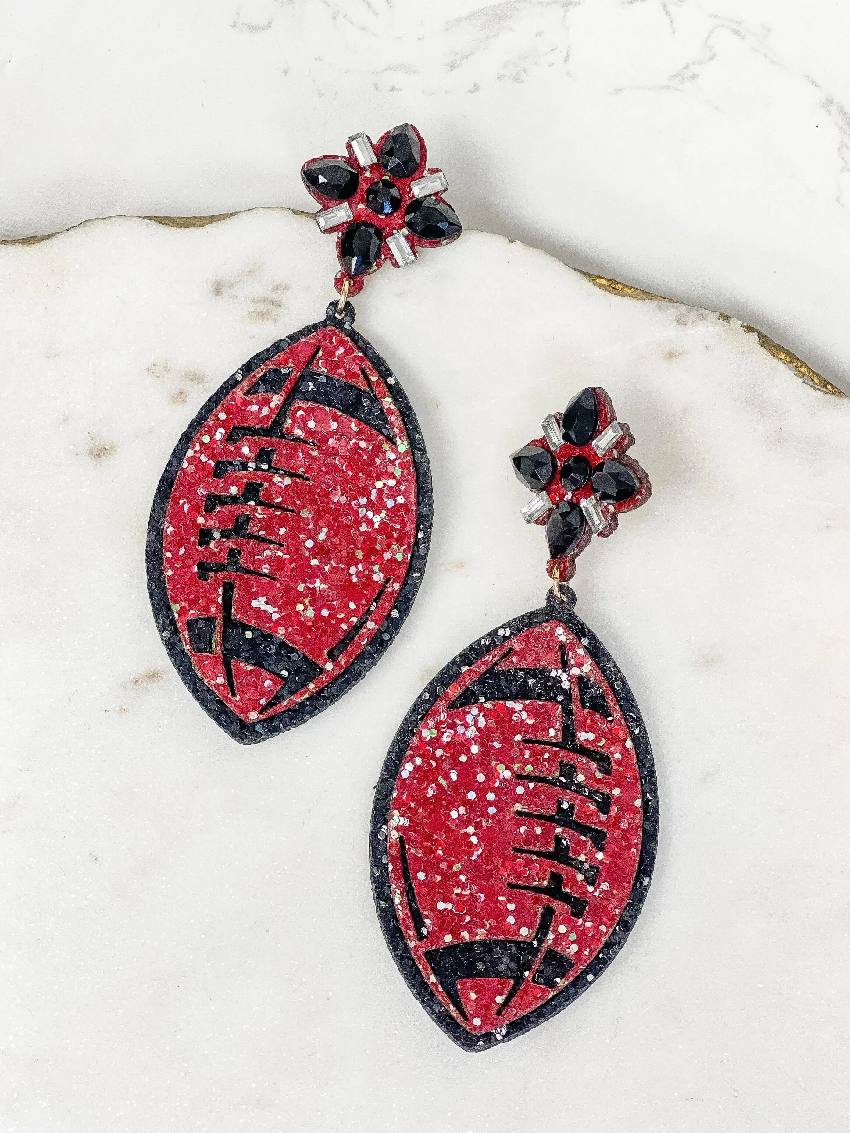 Glitter & Rhinestone College Football Dangle Earrings - Burgundy & Black