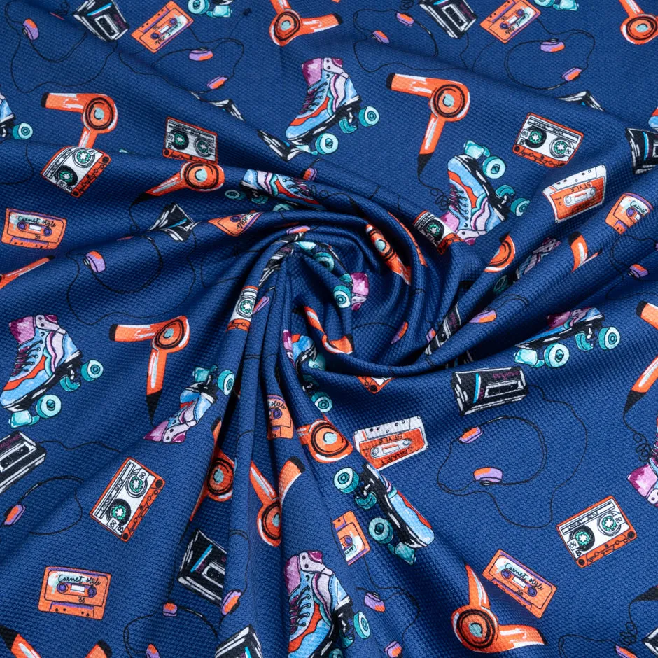 Hairdryer & Roller Skates Printed Blue Cotton Piqué