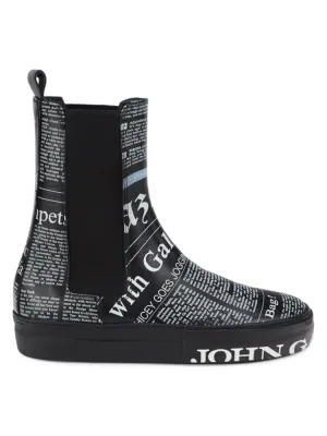 John Galliano Leather Chelsea Boots with Gazette Print, Black