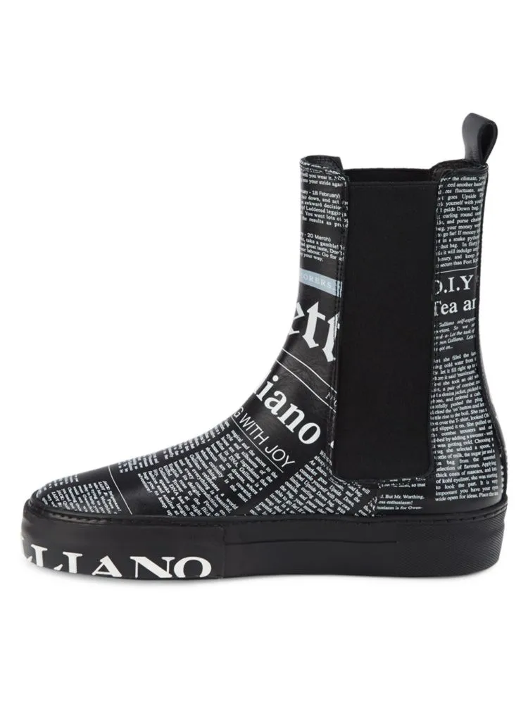 John Galliano Leather Chelsea Boots with Gazette Print, Black